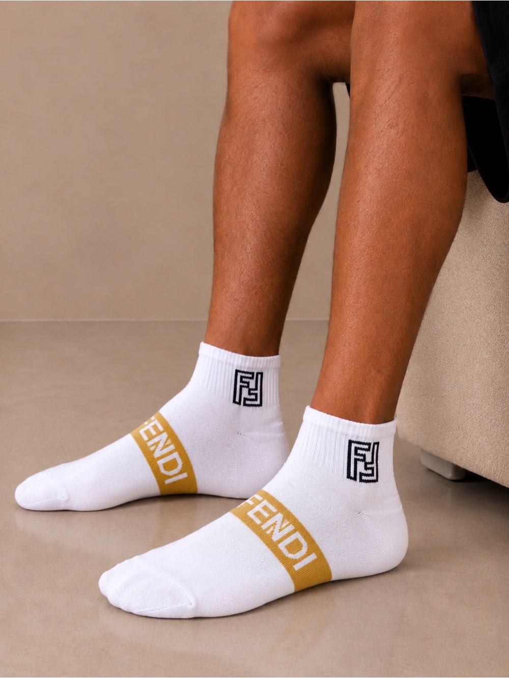 Fendi White Socks with Gold Logo Band and Black Monogram